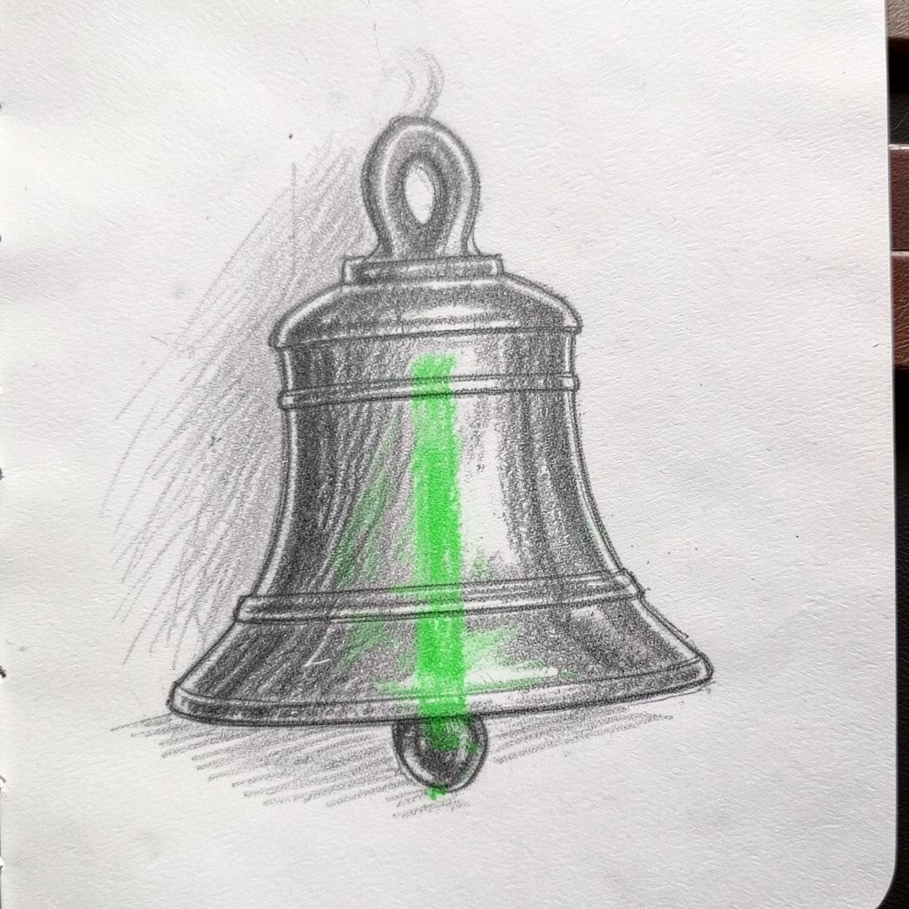 A graphite pencil sketch of a softly glowing evening bell hanging against a muted gray-green background, with loose musical notes drifting upward in pale pencil lines.